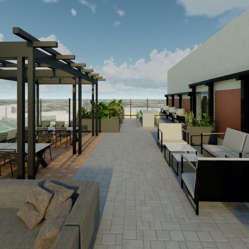 Rendering of the rooftop patio at The Bevel apartment building