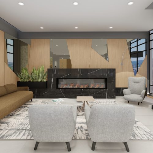 Rendering of the front lobby at The Grand Trios apartment building for rent in Guelph