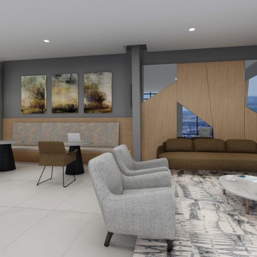 Rendering of the lobby at The Grand Trios apartment building for rent in Guelph