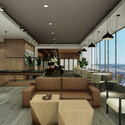 Rendering of the party lounge at The Grand Trios apartment building for rent in Guelph