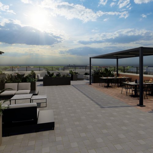 Rendering of the rooftop terrace area at The Grand Trios apartment building for rent in Guelph