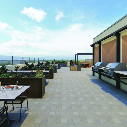 Rendering of the rooftop terrace at The Grand Trios apartment building for rent in Guelph