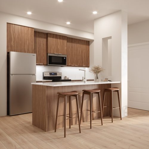 Rendering of the kitchen area in a suite at The Grand Trios apartment building for rent in Guelph